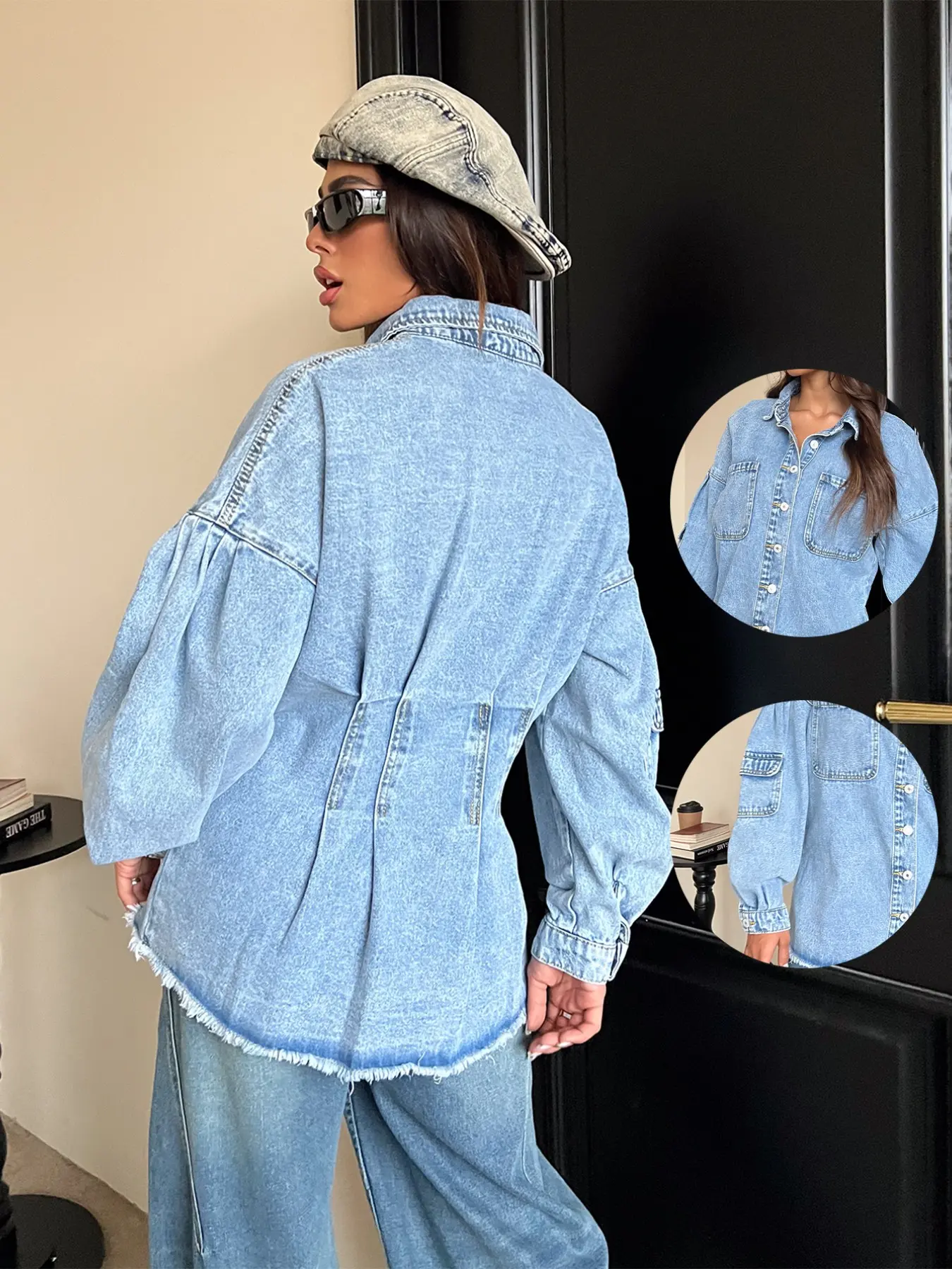Women's Waist-Cropped Denim Jacket, Frayed Hem and Pocket Design, Casual Loose Fit Fashionable Outerwear, Perfect for Street Style and Daily Wear