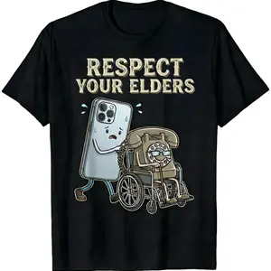 Graphic Tee for Men Women "Respect Your Elders" Tech T-Shirt - Soft Cotton, Short Sleeves, Round Neck, Unisex Streetwear Garment - Modern Smartphone & Retro Rotary Phone Design, Teddy Bear Graphic - Gadget Evolution Humor Tee for Techies  gift springg