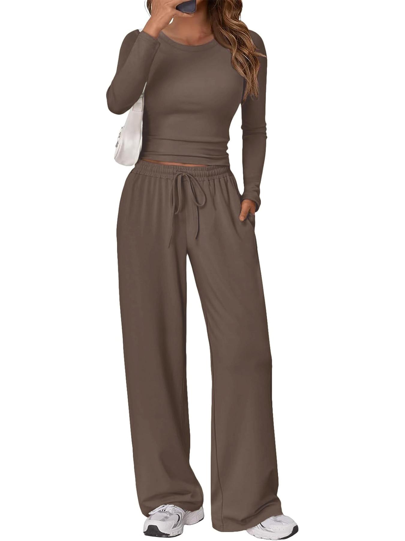 Women's 2 Piece Matching Lounge Set Long Sleeve Slightly Crop Top Wide Leg Pants Casual Sweatsuit 2026 Drawstring