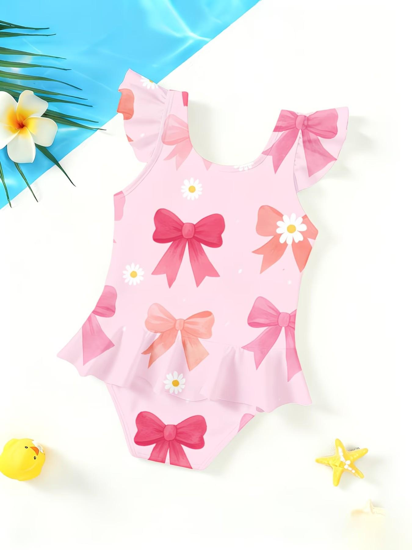 Bowknot Print Girls' Jumpsuit, Cute Cartoon Pattern, Ruffled Quick-Dry Kids Swimwear, Fashion Swimsuit for Beach Parties