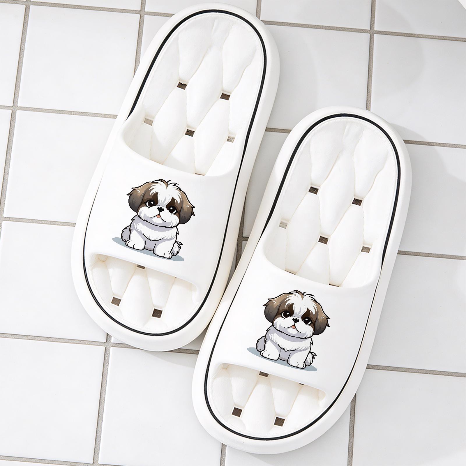 Cute Shih Tzu Print Quick-Dry Hollow Out Slide Slippers, Non-Slip Bathroom Shower Shoes, Soft Cushioned Home Sandals for Dog Lovers