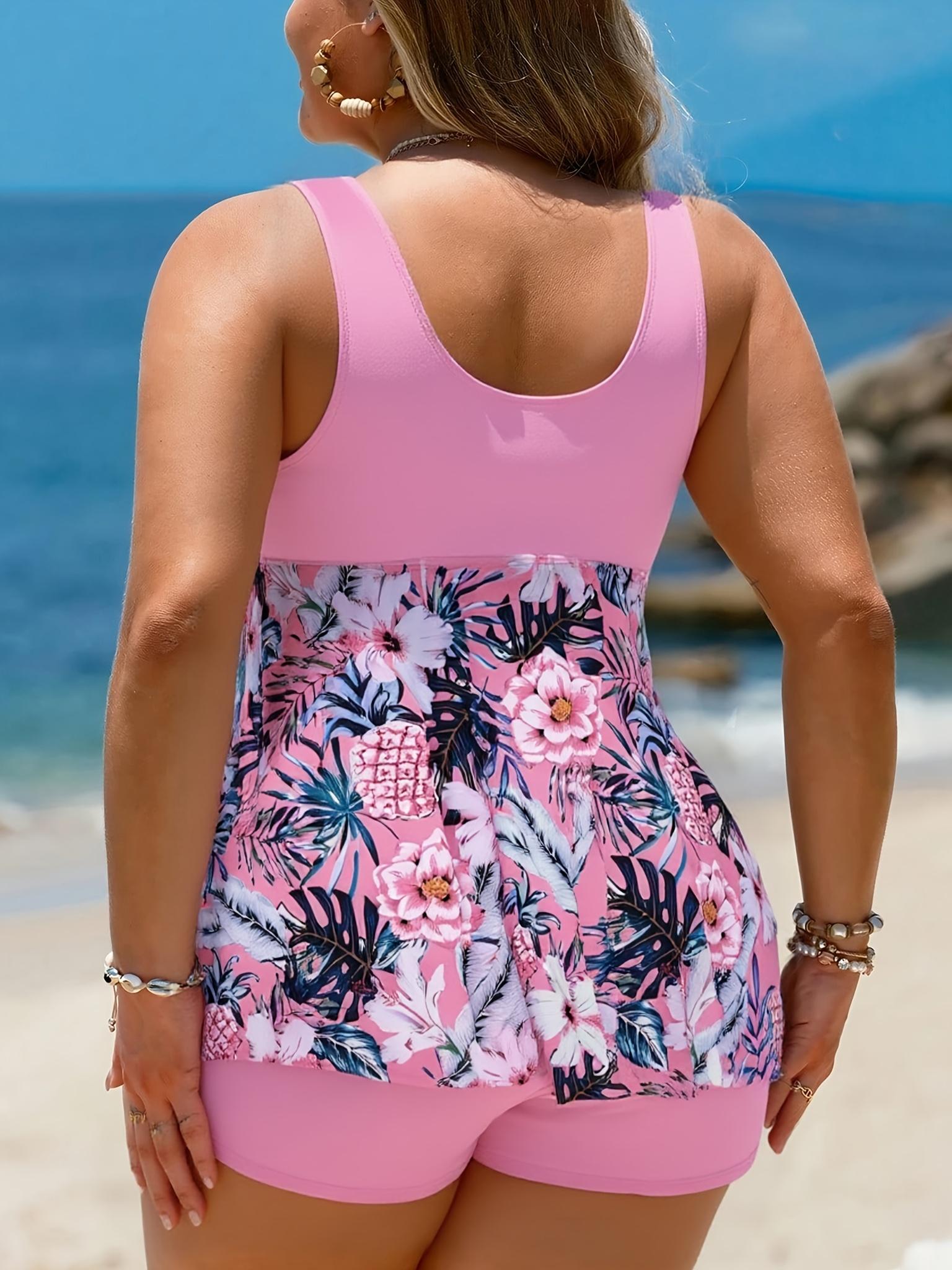 Plus Size Bathing Suit for Women, Floral Print Two-Piece Bathing Suit with a Bandeau Top