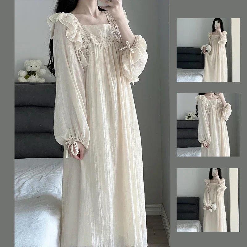 Ruffles Nightgown Sleepwear Women Korean Night Dress Solid Spring One Piece Pajamas Long Sleeve Square Collar Home Wear 2026 New