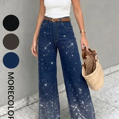 Women's Elegant Office Style Rhinestone Jeans, Wide Leg High Waist Denim, Stretch Slim Fit, Perfect for Work and Casual Wear