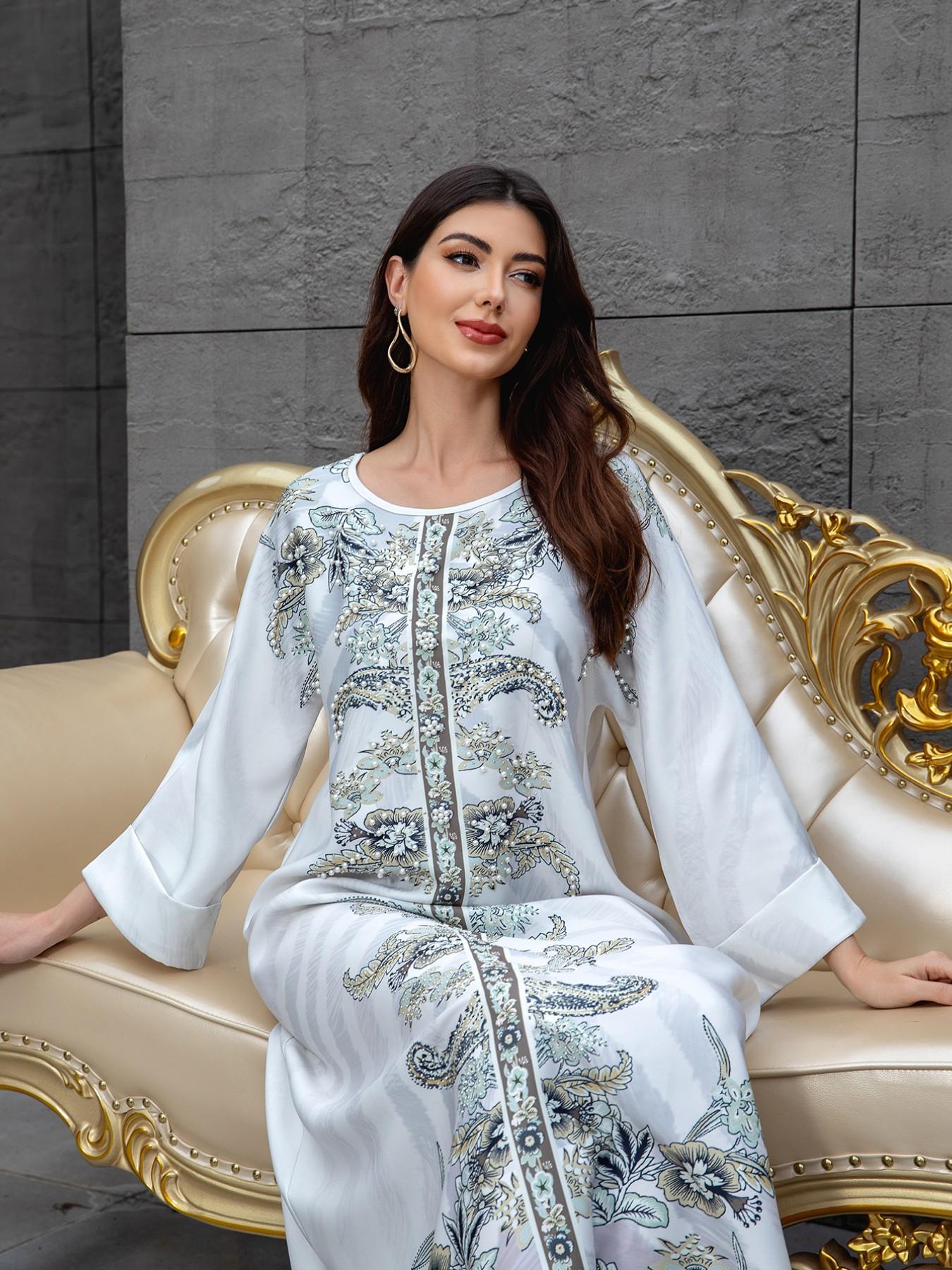 Elegant Muslim Women's Kaftan Dress, High-Density Rhinestone Embellished Print Long Robe, Cross-Border Fashionable Evening Gown