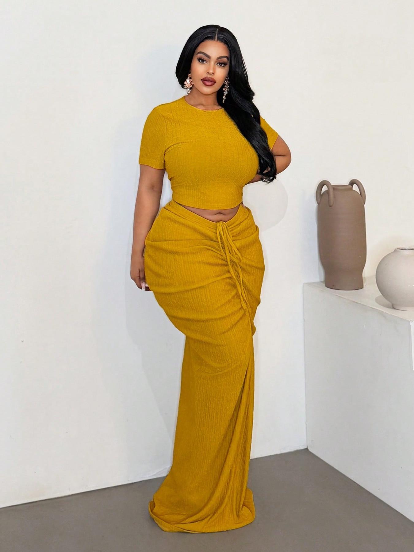 Plus Size Two-Piece Women's Set, Ribbed Short Top & Drawstring Pleated Skirt, Sexy Slim Fit Evening Party Dress, Curvy Friendly Fashion