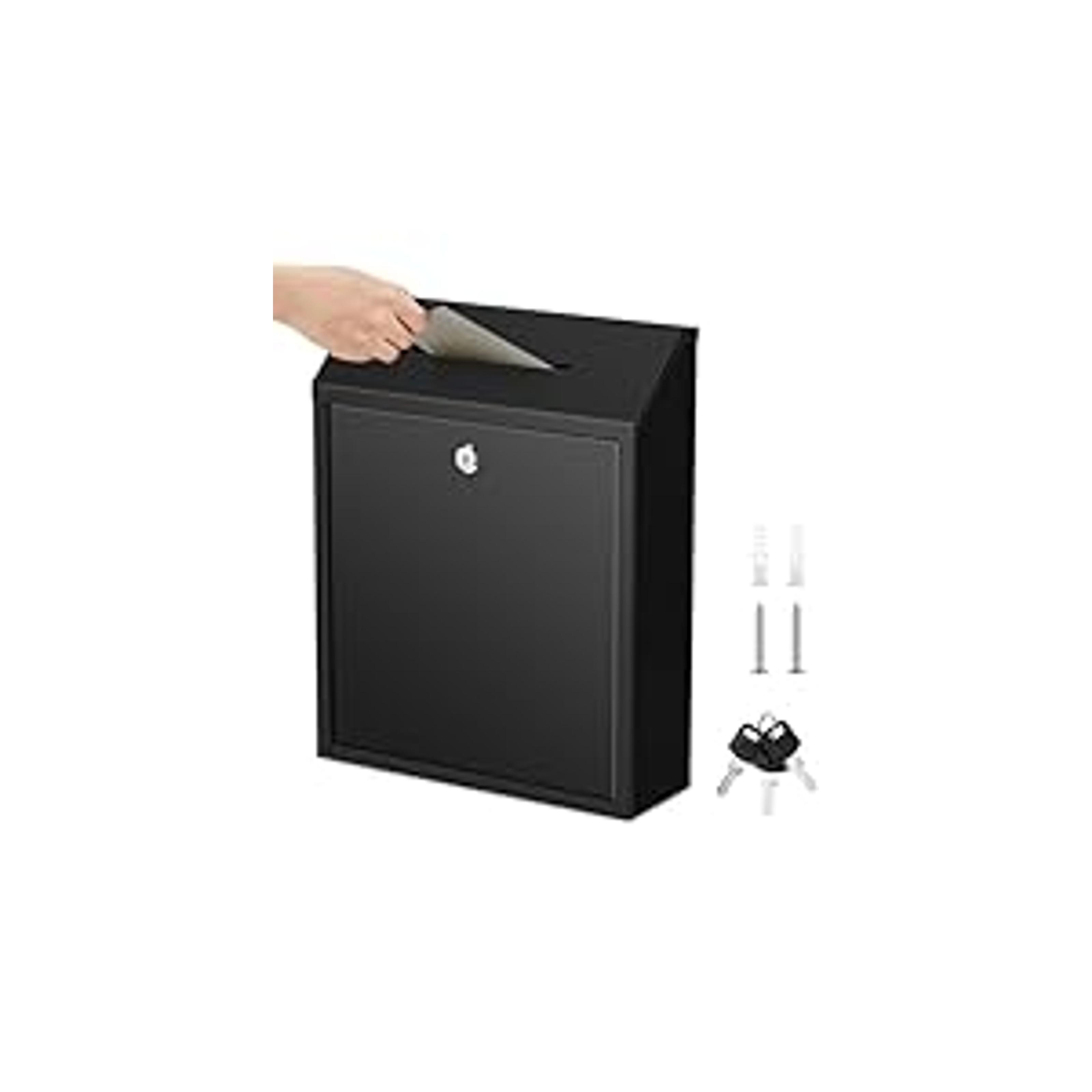 Metal Lockable Donation Cash Box - Money Safe for Cash, Security Lock Box with Key Lock, Confidential Money Drop Container, 1x Black Mailbox with Nail-Hook Installation, Pre-Punched Holes, Wall-Mounted, for Friends, Neighbors (10.24x5.71x2.95in), Wall Mou
