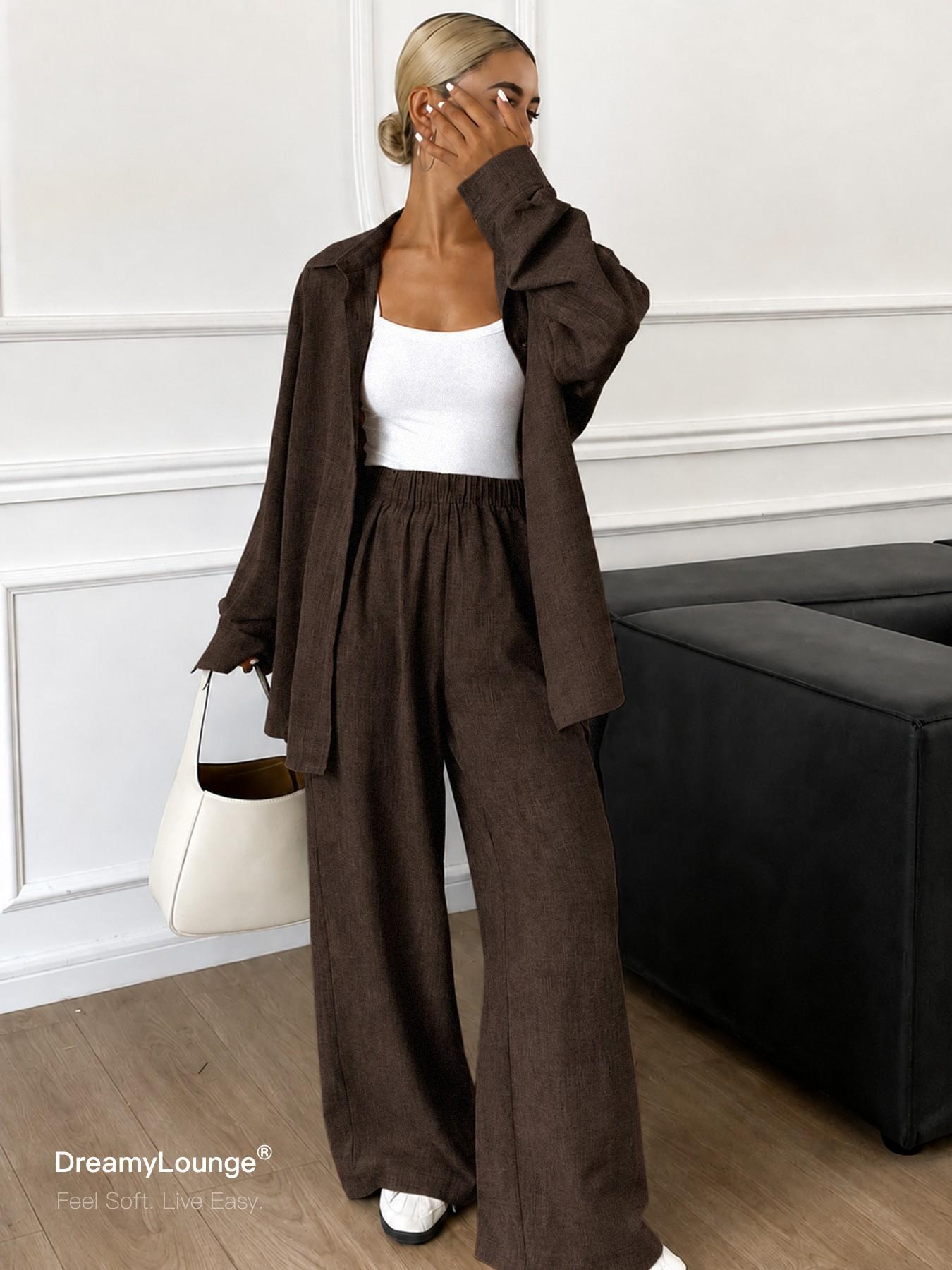 2-Piece Set DreamyLounge Women's Textured Linen-Look Loungewear Set, Oversized Button Down Shirt and Wide Leg Pants Matching Set for Travel, Coffee Run and Everyday Wear