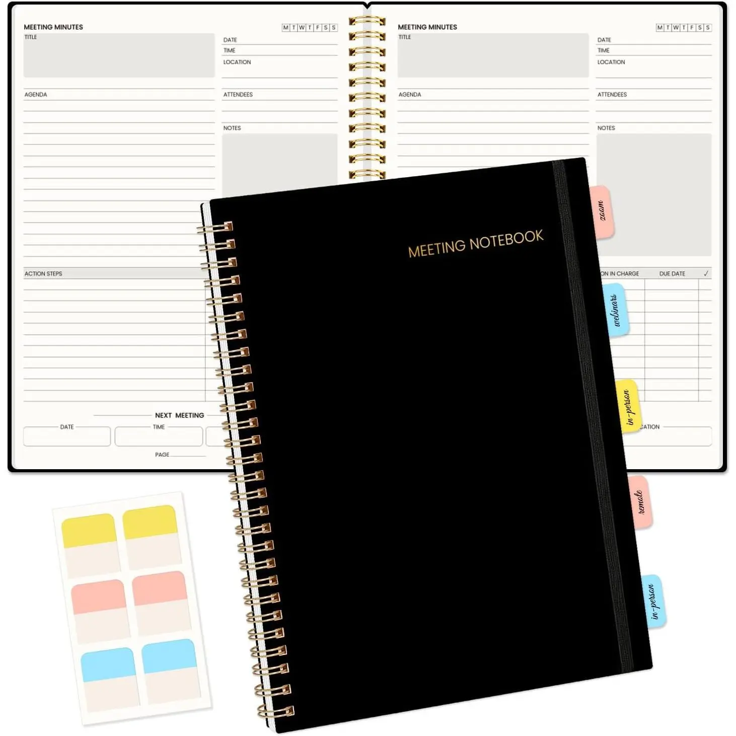 B5 Spiral Meeting Notebook with Sticky Tabs - 160 Pages, 7"x10" Project Planner & Agenda/Minutes Organizer for Men/Women, Office & Business Note Taking, Black