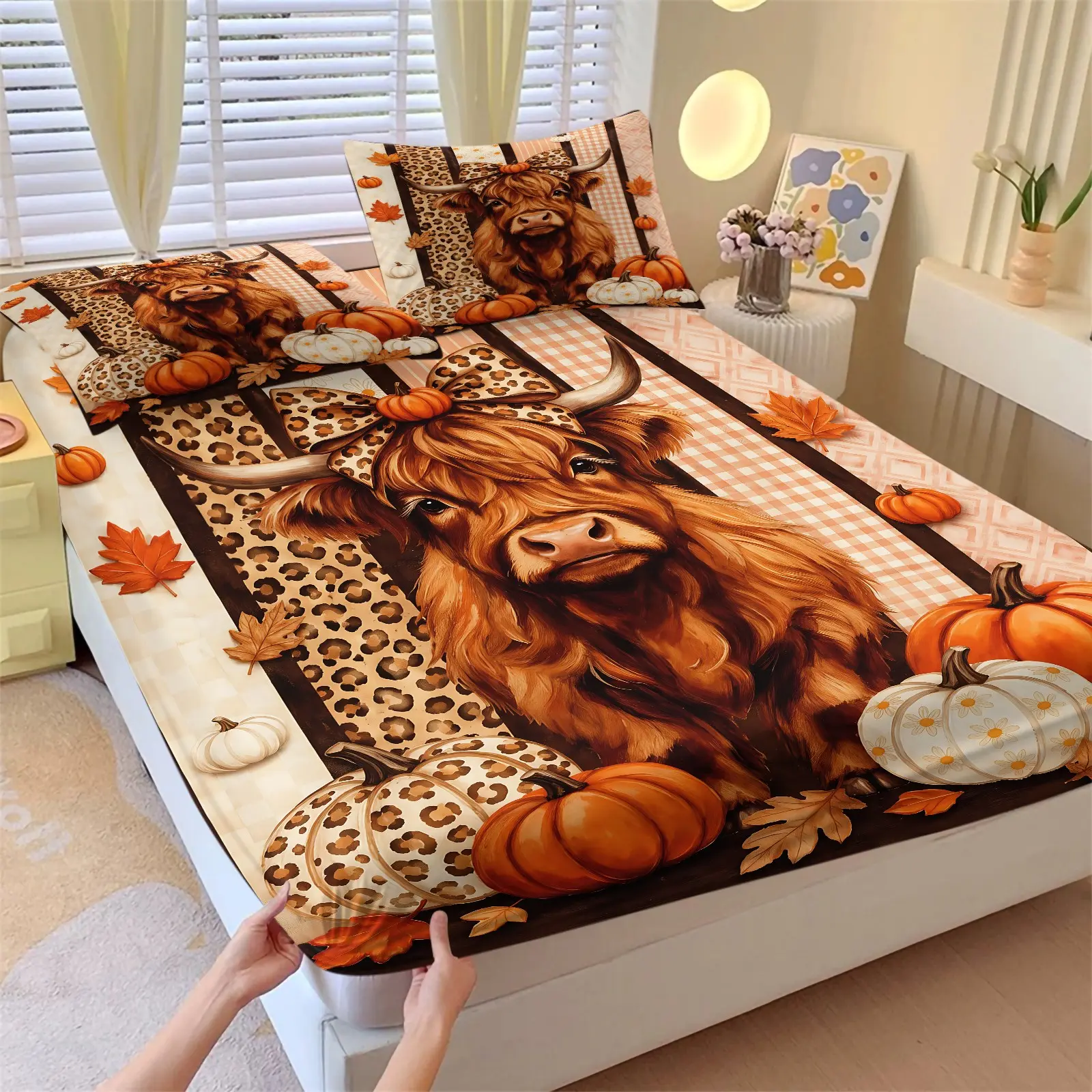 3pcs Fall Highland Cow Fitted Sheet Set, Includes 1 Fitted Sheet + 2 Pillowcases, Soft Breathable Microfiber, Non-Slip Deep Pocket, Autumn Leopard Plaid Pumpkin Bedding, Aesthetic Bed Cover, Great Gift for Fall Home Decor, Bed Sheet Sets