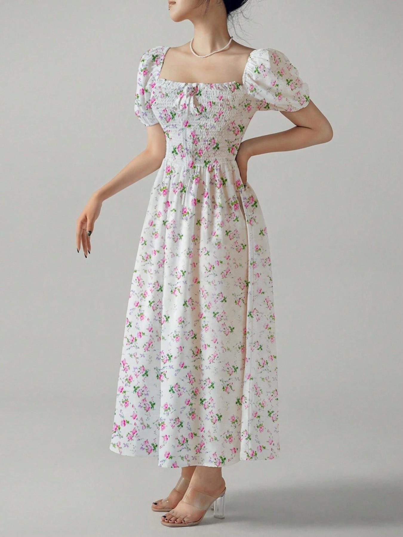 Women's Spring Summer Floral Print Puff Sleeve Dress with Bow Tie, Elegant Fitted Design with Adjustable Square Neck, Long Princess Skirt Womenswear