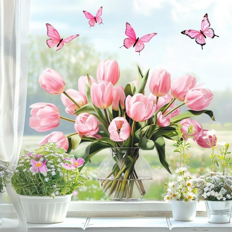 1 pc tulip butterfly window sticker, gentle and fresh rural style, pink tulip+butterfly+hydroponic potted elements, reusable PVC electrostatic sticker, suitable for home decoration and beautification