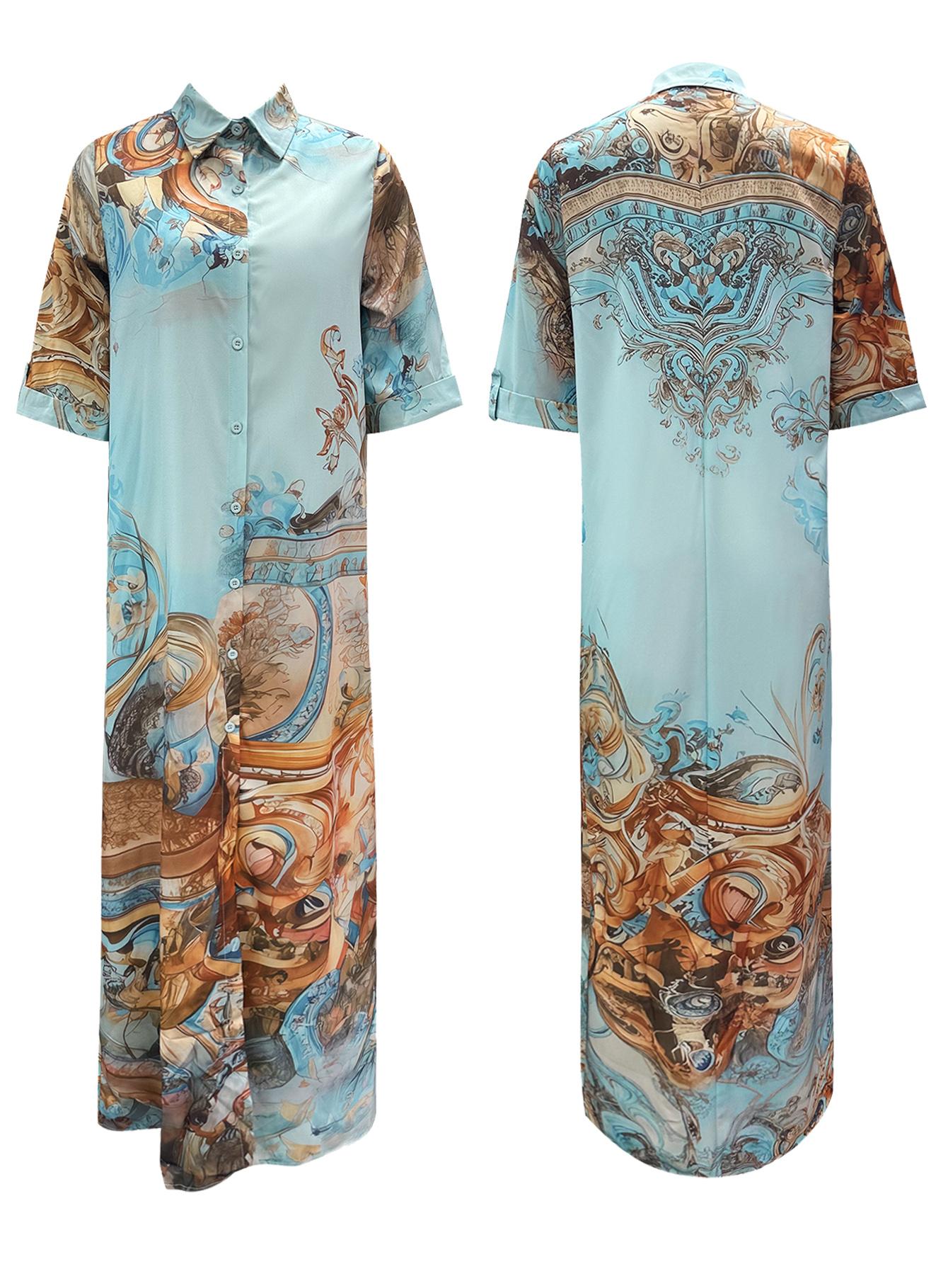 Casual Random Print Notched Lapel Button Long Maxi Slim Fit Dress, Autumn Party Gown, Women's Fashionable Evening Wear, Elegant and Comfortable Design, Elegance