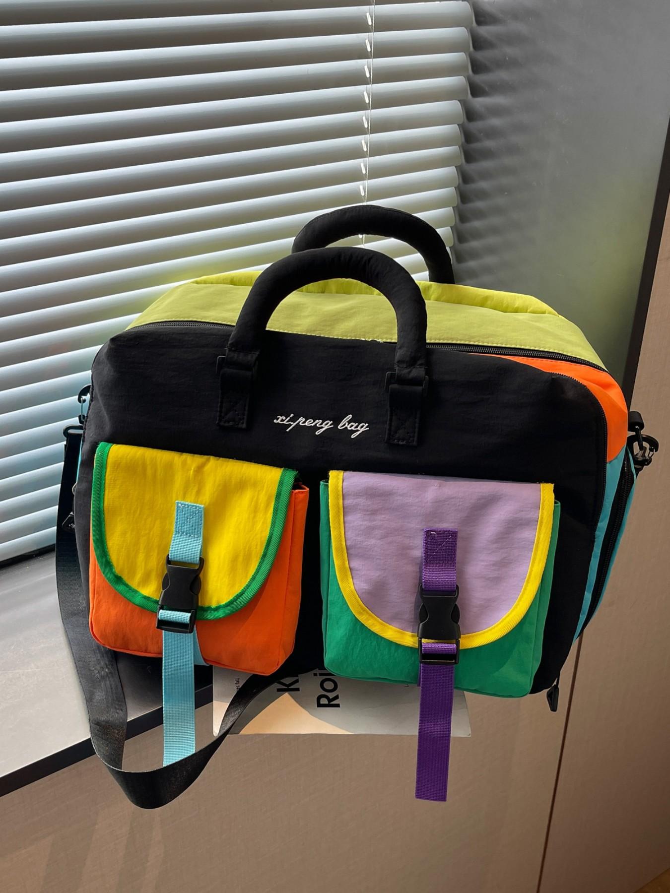Vibrant Colorblock Duffel Bag, Lightweight Nylon, Large Capacity, Shoe Compartment, Detachable Strap, Ideal for Travel & Gym