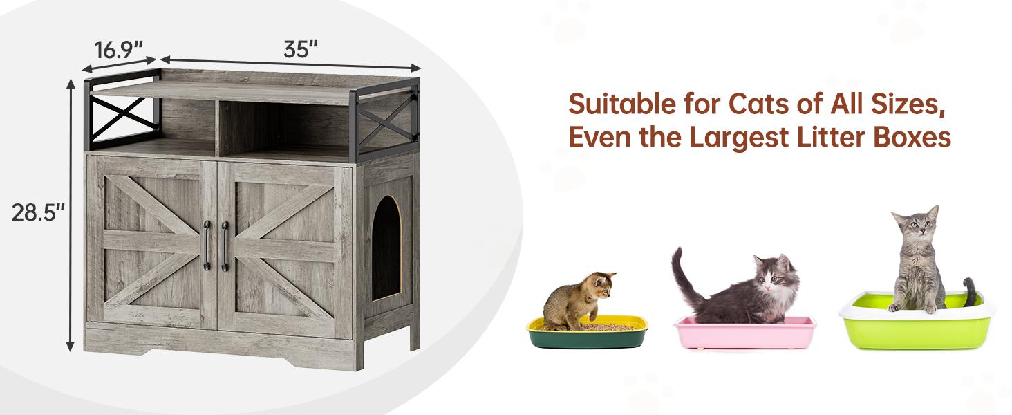 Litter Box Enclosure for 2 Cats, Hidden Litter Box Furniture with Double Rooms, Cat Bed, PVC Pad and Scratch Pad, Grey