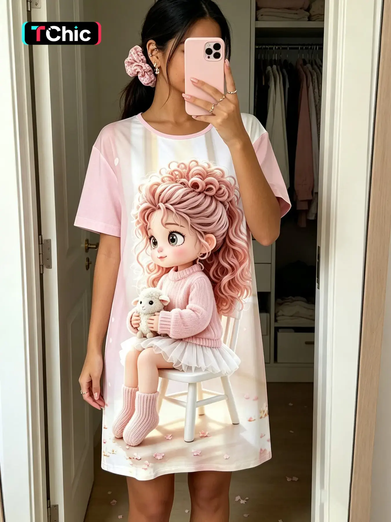Adorable Cartoon Girl Doll Print Nightdress, Round Neck Short Sleeve, Breathable Comfort, Spring Summer Sleepwear, Cute Girls' Home Wear, Loungewear