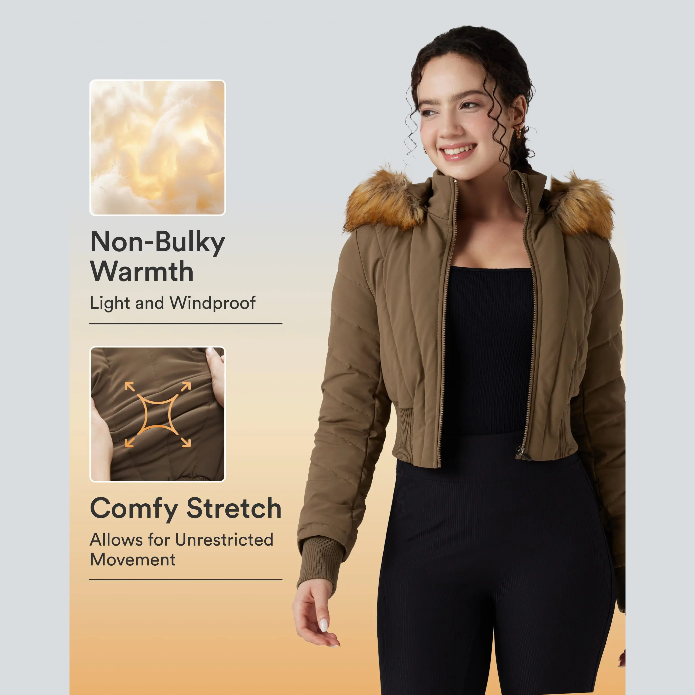 Halara PuffFlex Removable Faux Fur Trim Hooded Long Sleeve Casual Padded Jacket