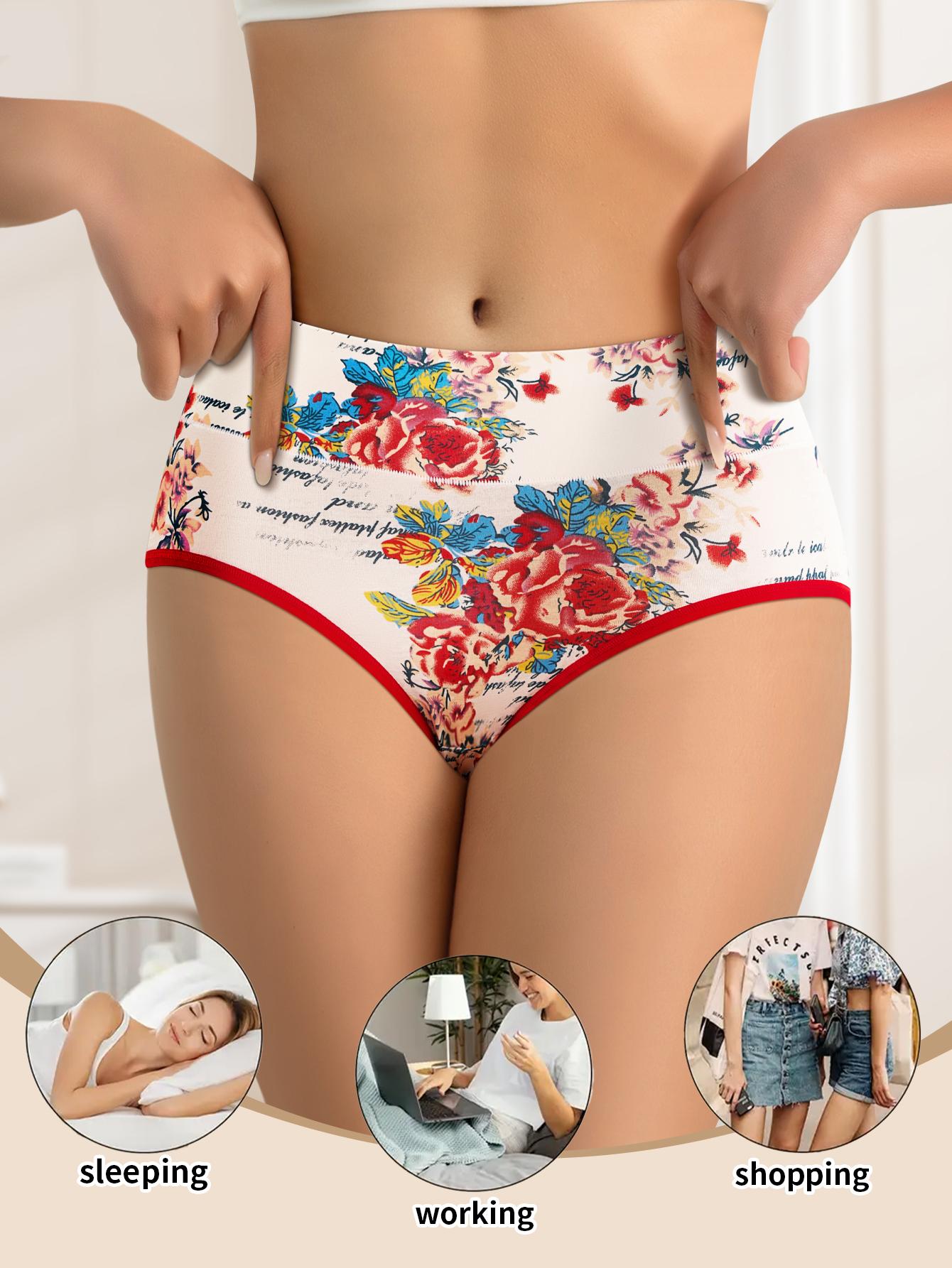 QUASTI 4 Pack High Waist Cotton Briefs, Vintage Floral Print Mid-Rise Panties, Soft Breathable 92% Cotton Everyday Underwear for Women, S-XXL