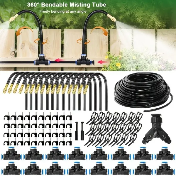 Garden Misting Cooling Kit, 25M PE Hose, 16 Pcs 20cm Bendable Adjustable Brass Mist Nozzles, Leak-Proof Quick Connect for Outdoor Lawn, Greenhouse