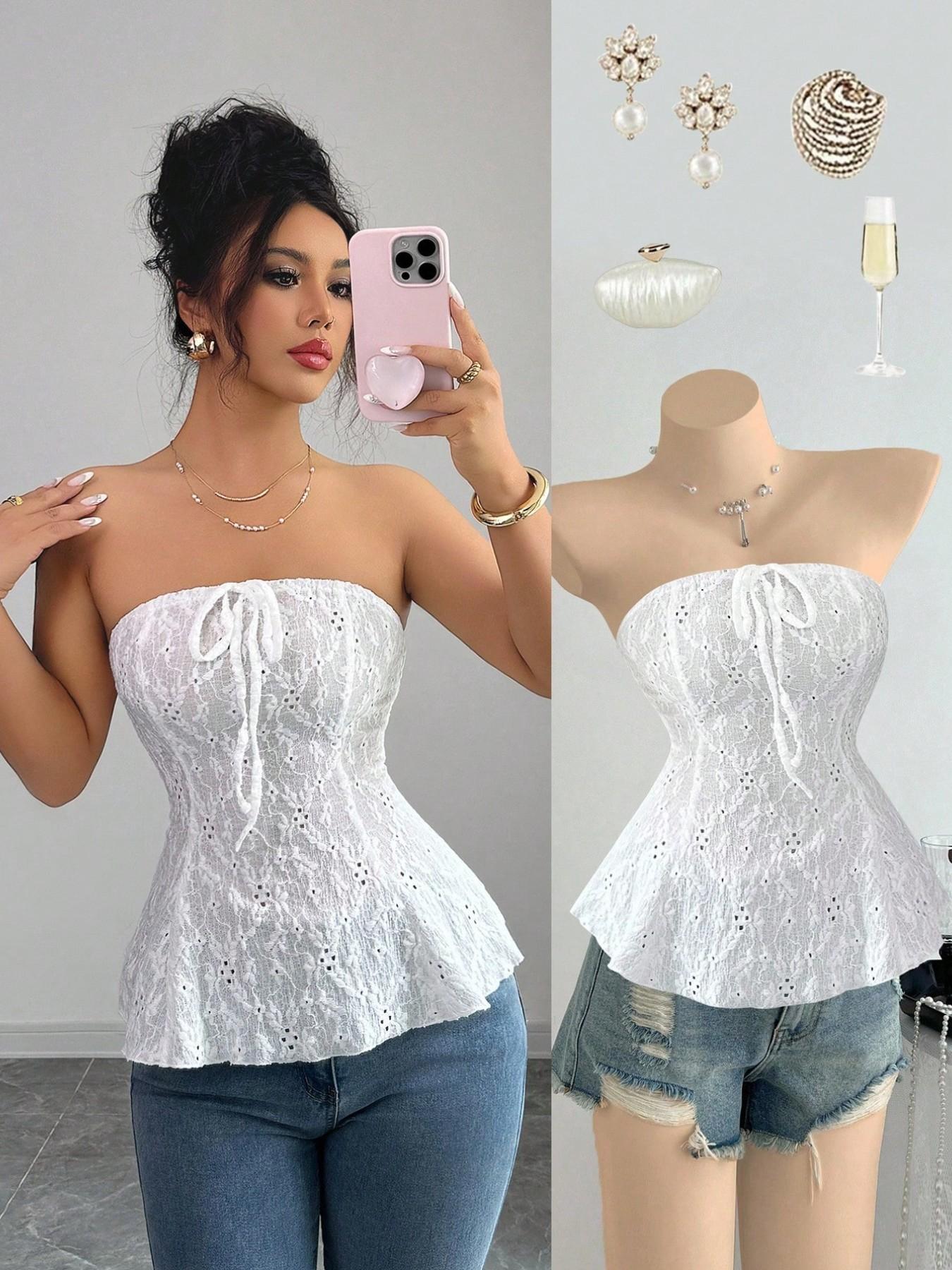 Elegant French-Style Chic Mesh Crop Top for Women, Sweet Ribbon Bow Hollow Out Slim Fit Tank Camis, Summer Beach Vacation Look, High Elasticity One-Shoulder Short Shirt