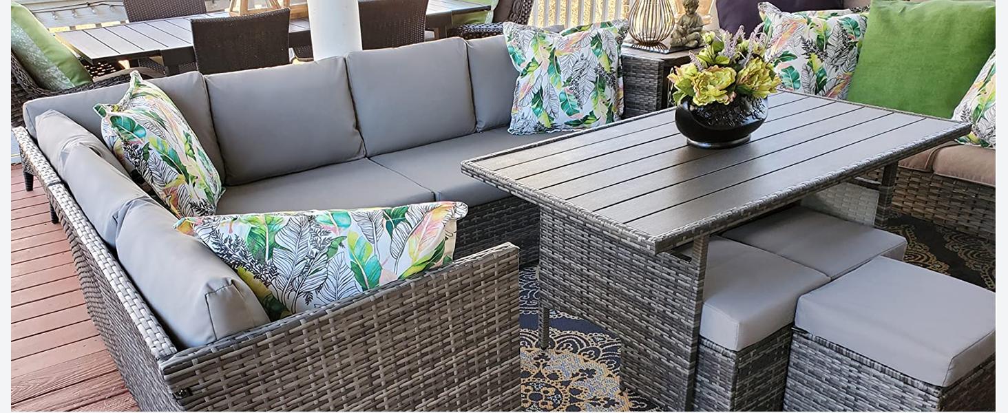 【2/3 Packages Shipping】YODOLLA 7 Pieces Outdoor Sectional Sofa Conversation Set All Weather Wicker Rattan Couch Dining Table & Chair Outdoorfun