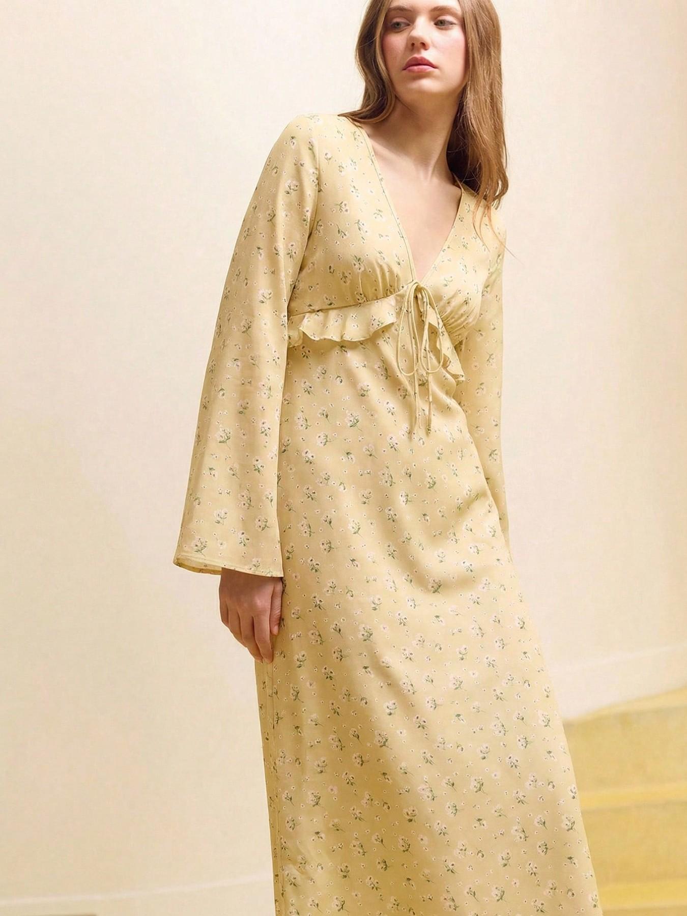 Women's Floral Print V-Neck Belted Midi Dress, Ruffle Details & Long Sleeves, Spring Vacation Dress, Ladies' Long Sleeve Dress