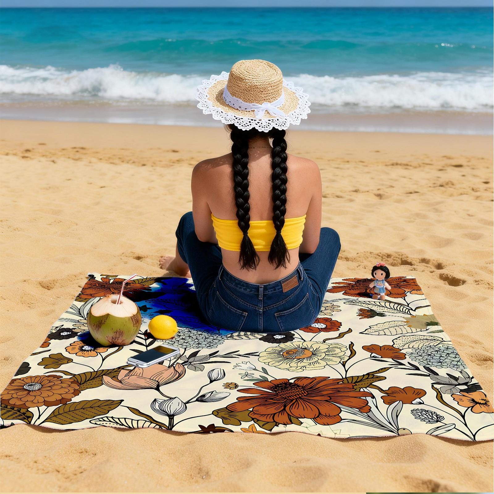 Bohemian Vintage Floral Beach Towel, Hand-painted Ethnic Totem Design, Quick Dry Absorbent Soft Skin-friendly, Ideal for Summer Beach Vacation Pool Party Use