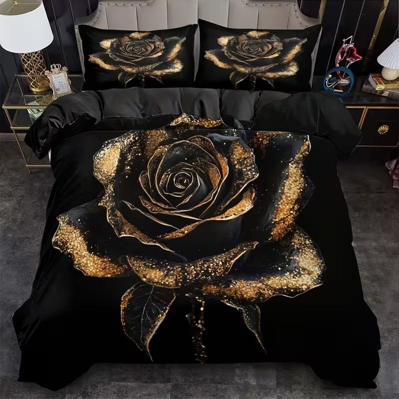 Gold Rose Print Bedding Set, 1 Duvet Cover + 2 Pillowcases, High-Definition Printing, Home & Dormitory Bed Linen