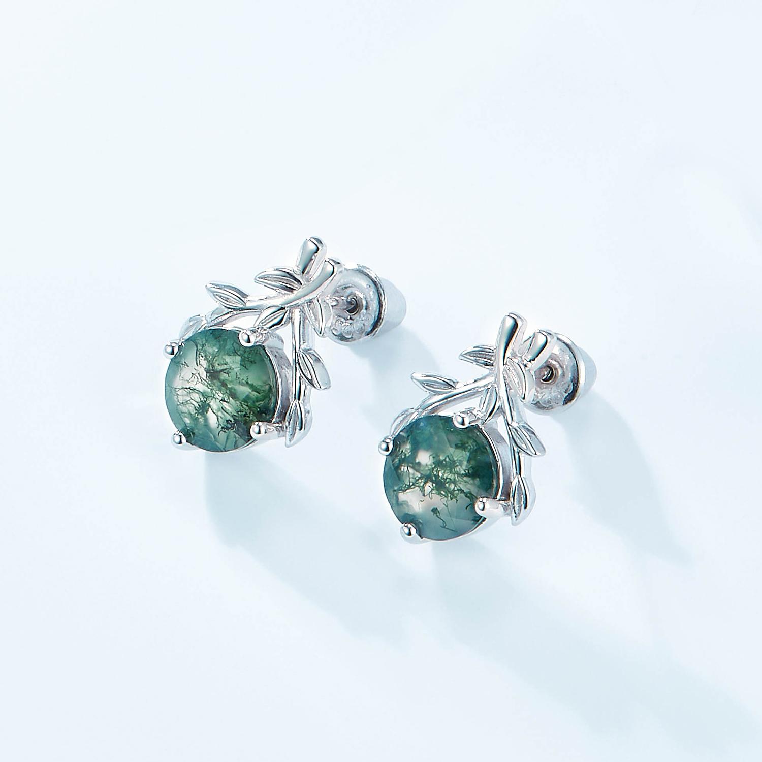 Girls Cute Stud Earrings Hypoallergenic Shiny Jewelry Leaf Branch Natural Moss Agate Real 925 Sterling Silver Earrings for Women  Valentine Gift for Girlfriend