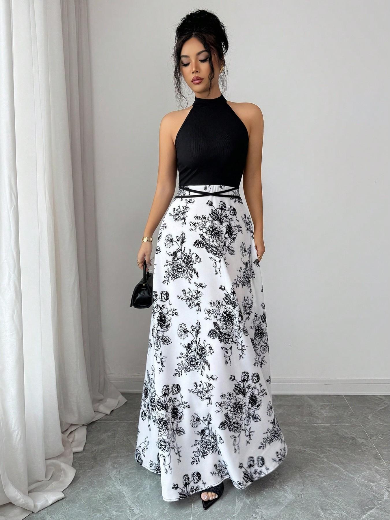 Women's Summer New French Patchwork Sleeveless Dress, Unique Design Floral Print Backless Colorblock Slim Waist Dress, Elegance, Chic, Fashionable and Stylish, Elegant Summer Dress