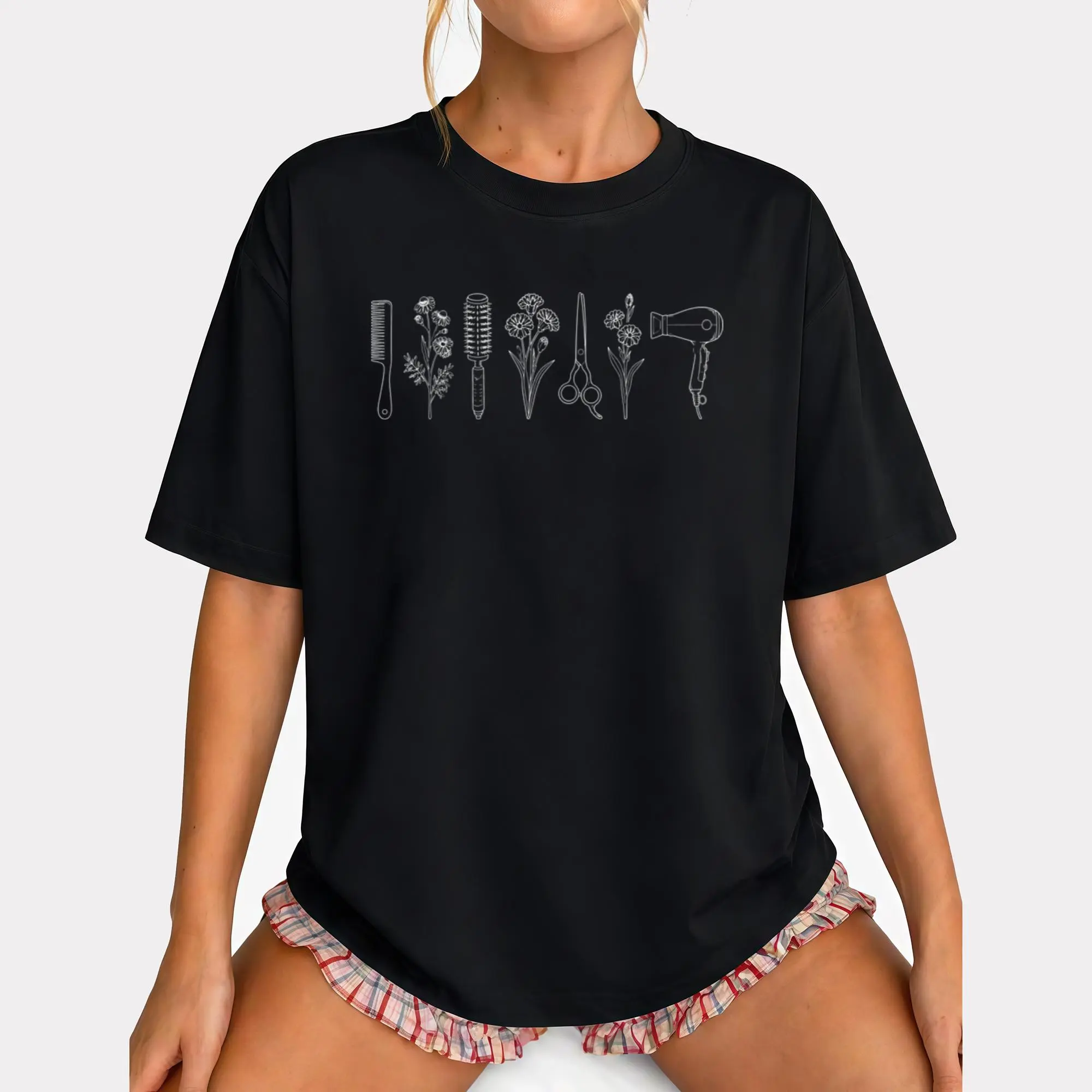 Women's Hairdresser T-Shirt - Breathable Beautician Uniform Suitable for Salon Group Outfits, Machine Washable Hairdressing Theme Top with Non-See-Through Fabric, Spring Summer Autumn Casual Wear for Hair Stylists & Barbershop Events Sleeve Womenswear