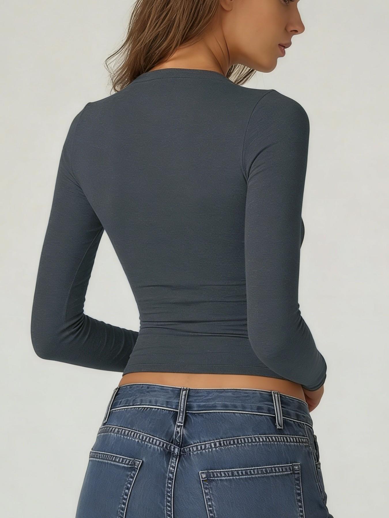 3 Counts Elegant & Versatile Women Plain Crew Neck Long Sleeve Ruched Fitted Slim Fit Loungewear Shirt,Warm Trendy Basic Tops,Breathable Soft Underwear,Cute Womenswear,High Elasticity Shapewear Tee,Suitable For All Seasons