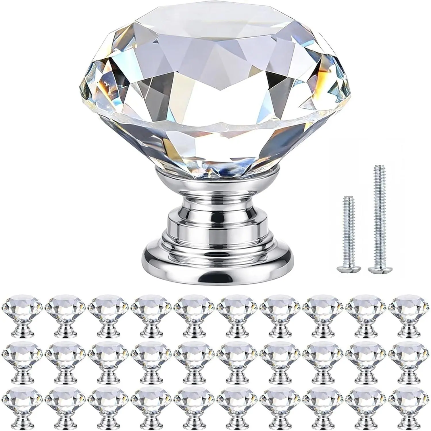 Crystal Cabinet Knobs 30 Pack, 1-3/16 inch Drawer Knobs for Dresser with Two Screws, Diamond Glass Pulls Handles Home Upgrade Spring Renovation (30mm, 30Pack, Clear-Silver)