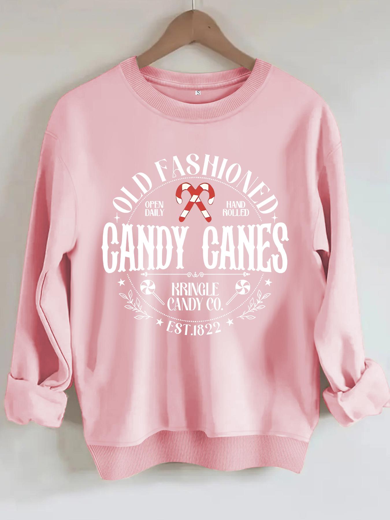 Women's Casual Candy Canes Pattern Hoodie, Soft Long Sleeve Round Neck Christmas Sweatshirt, All-Season Comfort