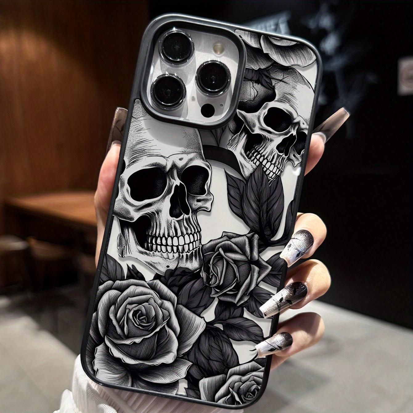 Monochrome Skull Rose Engraving Phone Case, Gothic Tattoo Art Full Coverage for iPhone 17 16 15 14 13 12 11 X Plus Pro Max, Alt Girl Gift