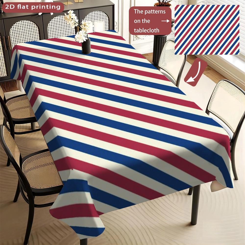 Blue Striped Tablecloth, Polyester, Washable, Kitchen Dining Outdoor Picnic Garden Party Decor