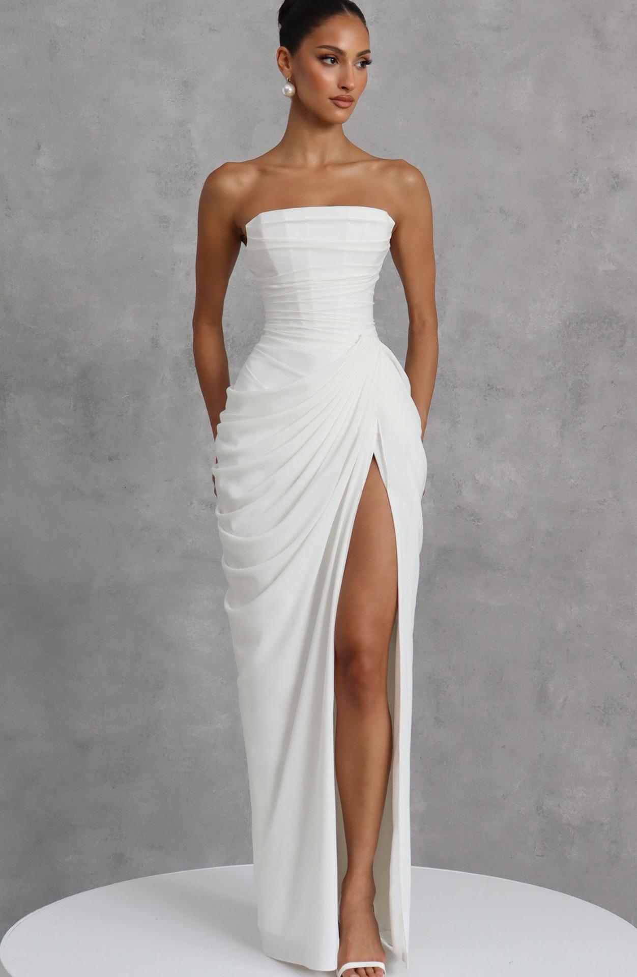 2026 European and American New Style Asymmetrical Pleated Sexy High-Slit French Romantic Strapless Pleated Slit Dress