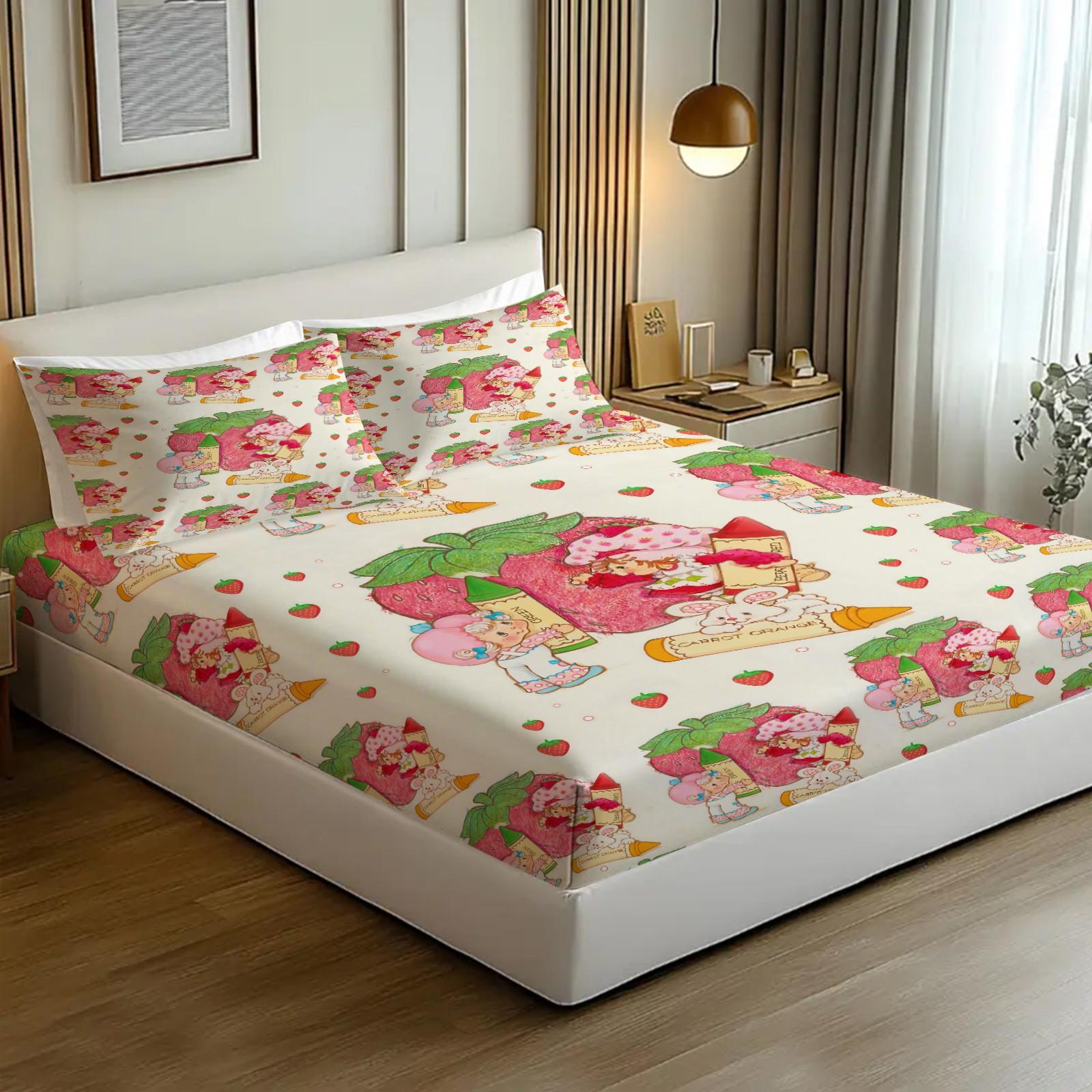 Strawberry Shortcake Fitted Sheet Set, 1 Fitted Sheet + 2 Pillowcases - 3 Pcs Soft Breathable Bedding with Deep Pocket, 360° All-Round Wrap, Wrinkle Resistant, Cute Strawberry Cartoon Bed Sheets for Girls Bedroom Decor, Full Size