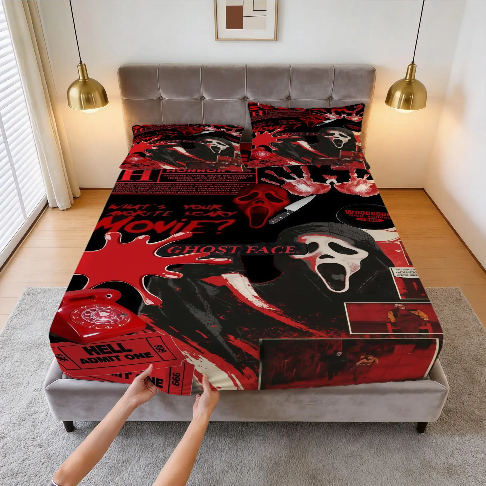 Scream Ghost Face Printed Pattern Bed Sheet Set, Halloween Bedding Decoration, 1 Bed Sheet With 2 Pillowcases (Excluding Pillow Core), Suitable For Bedrooms, Suitable As Halloween Gifts, Polyester Bedding Set