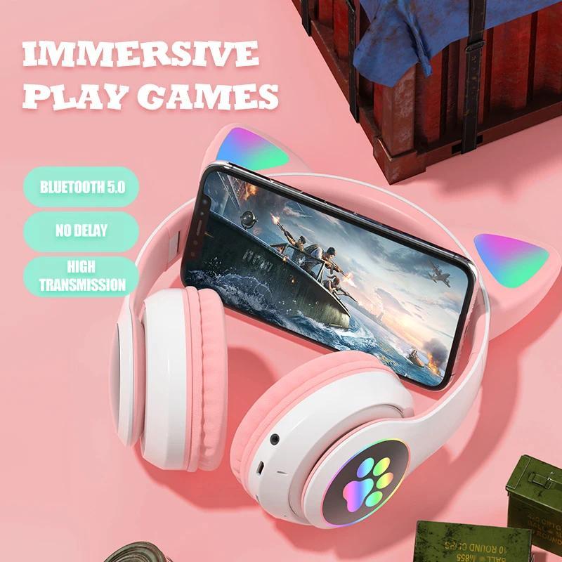 Flash Lamp Cute Cat Ears Headphone Bluetooth5.0 Stereo With Mic Support TF Card Wireless Kids Girl Earphone Birthday Gift btheadphones