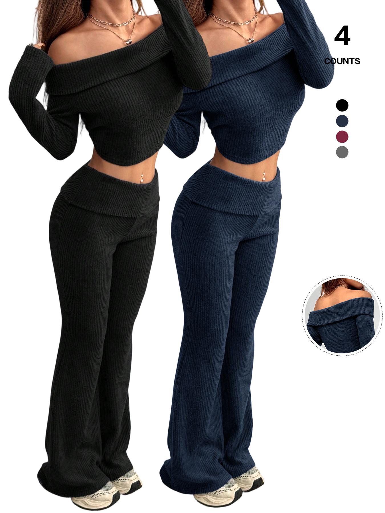 2026 Women's 2-Piece Matching Set, Off-The-Shoulder Long Sleeve Crop Top & High-Waist Flare Leg Pants, Sexy Y2K Ribbed Knit
