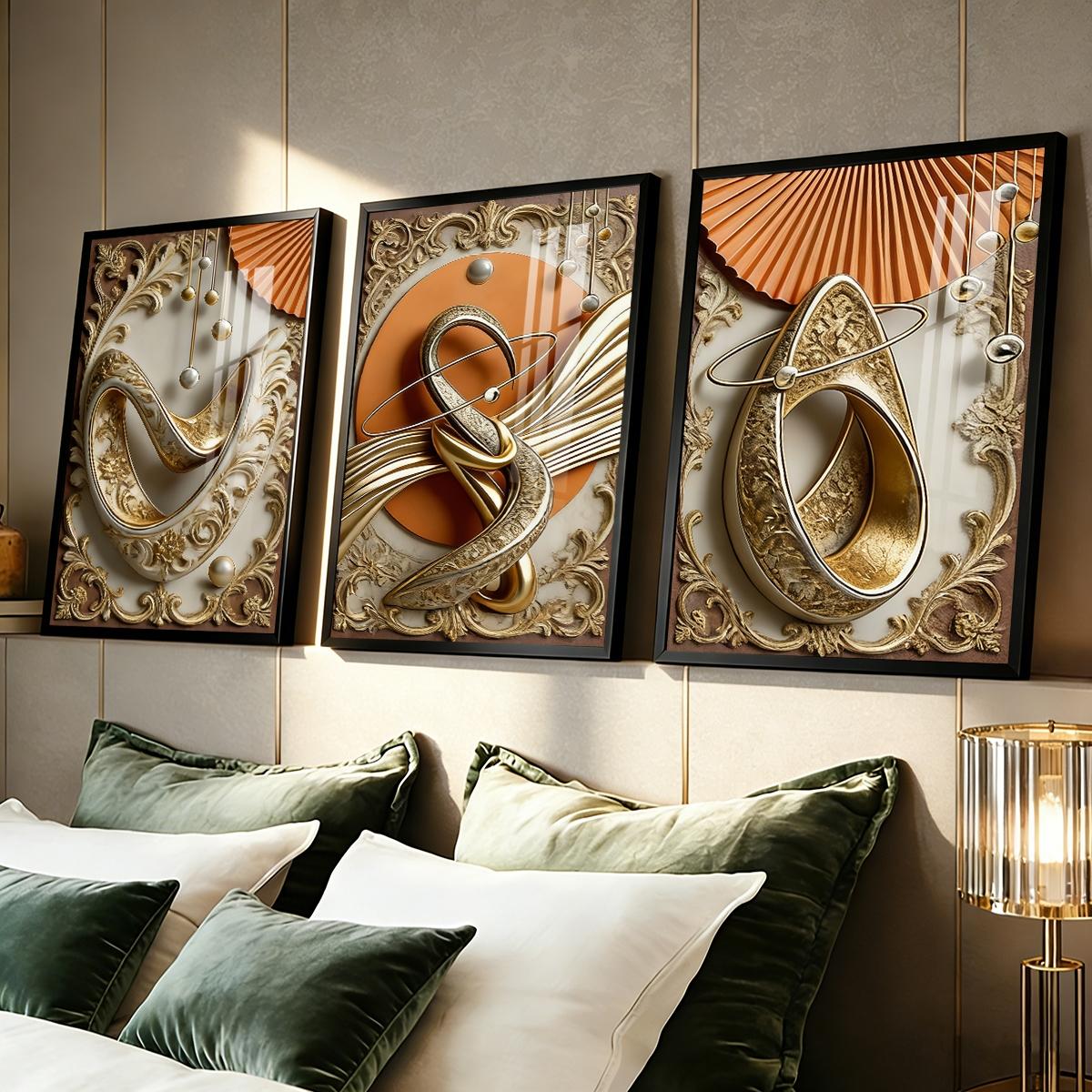 3 Counts Aluminum Alloy Framed Painting, Abstract Gold And Beige Geometric Art Pictures, Home Decoration For Living Room, Bedroom, Office, Restaurant, Hallway Wall Decor, Odorless Print Artwork, Luxury Perfect Gift For Friends And Family