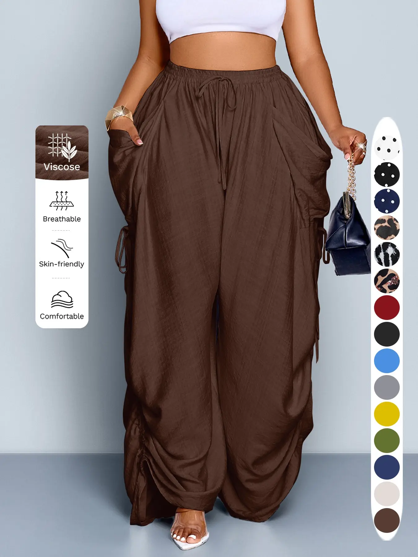 Women's Casual Loose-Fit Wide Leg Pants, All-Season Woven Fabric, Long Plain Design, Daily Commute & Vacation Wear