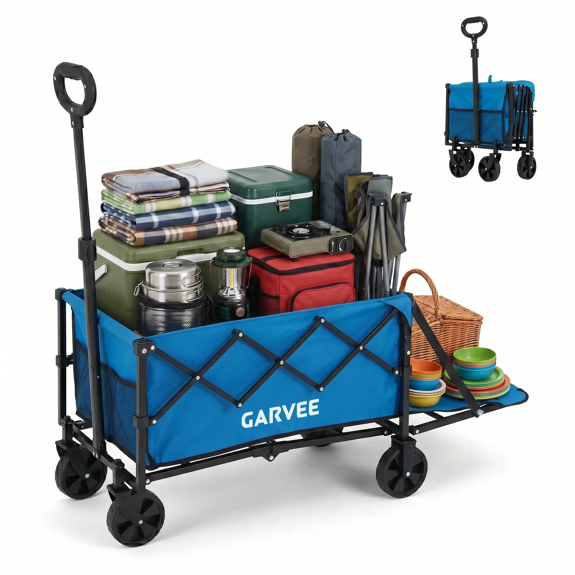 Collapsible Folding Garden Utility Cart – Heavy Duty Wagon, Double Bearing Wheels, 120L Storage, Flexible Handle
