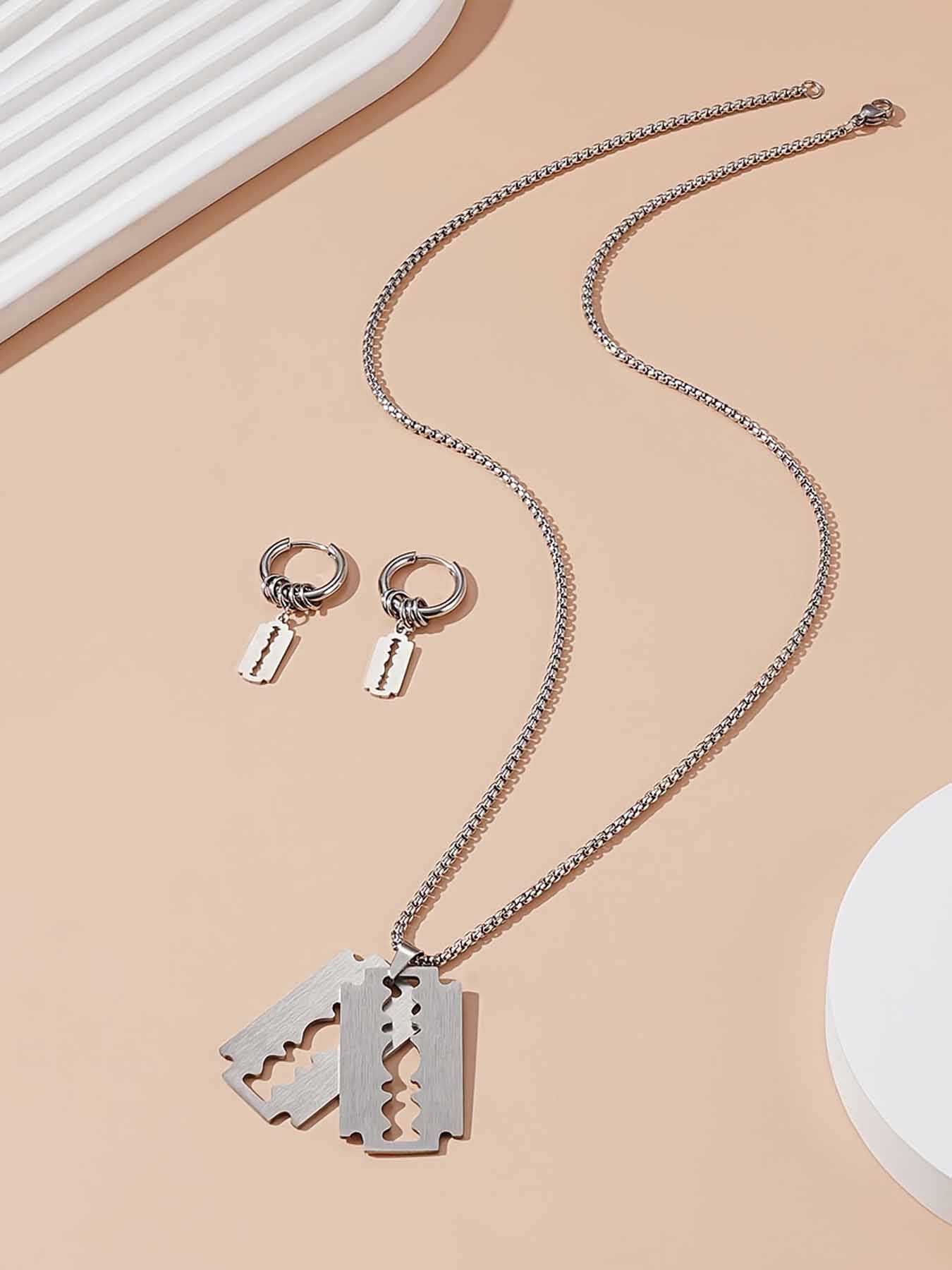 Stainless Steel Punk Hip Hop Blade Pendant Earrings Set, Trendy Couple Matching Accessories, Essential Fashion Jewelry for Stylish People