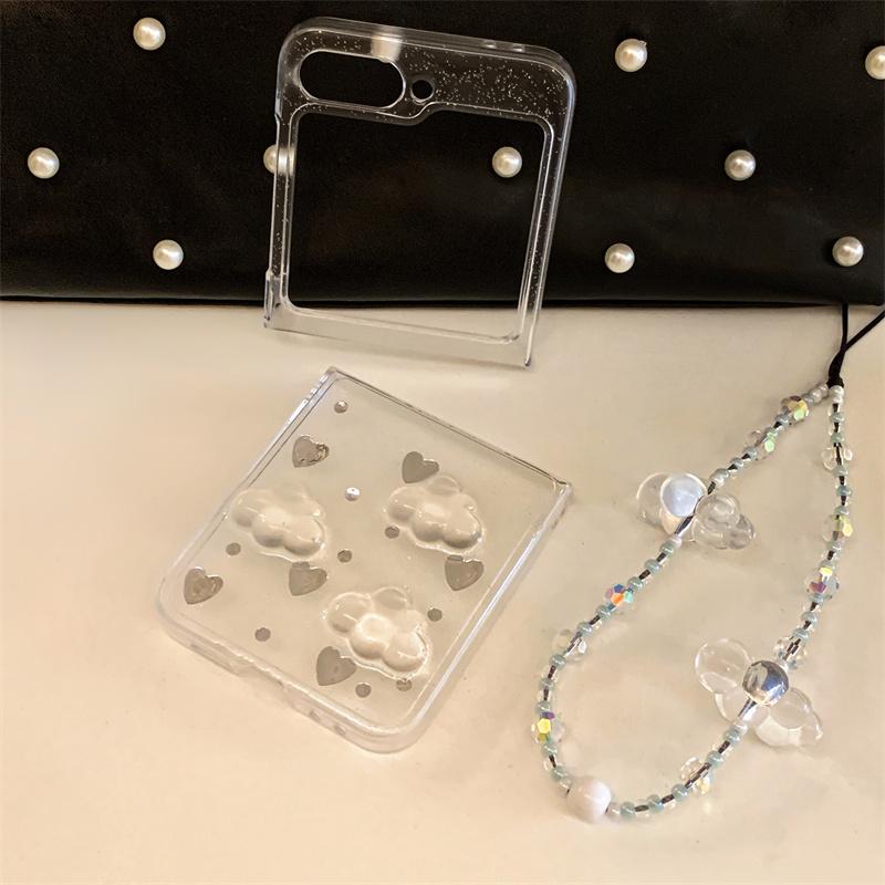 Fashion Glitter Love Cloud Resin Phone Case For Samsung Galaxy Z Flip 7 6 5 4 Flip7 Flip6 Cover with Chain Hand Rope Cute Cases