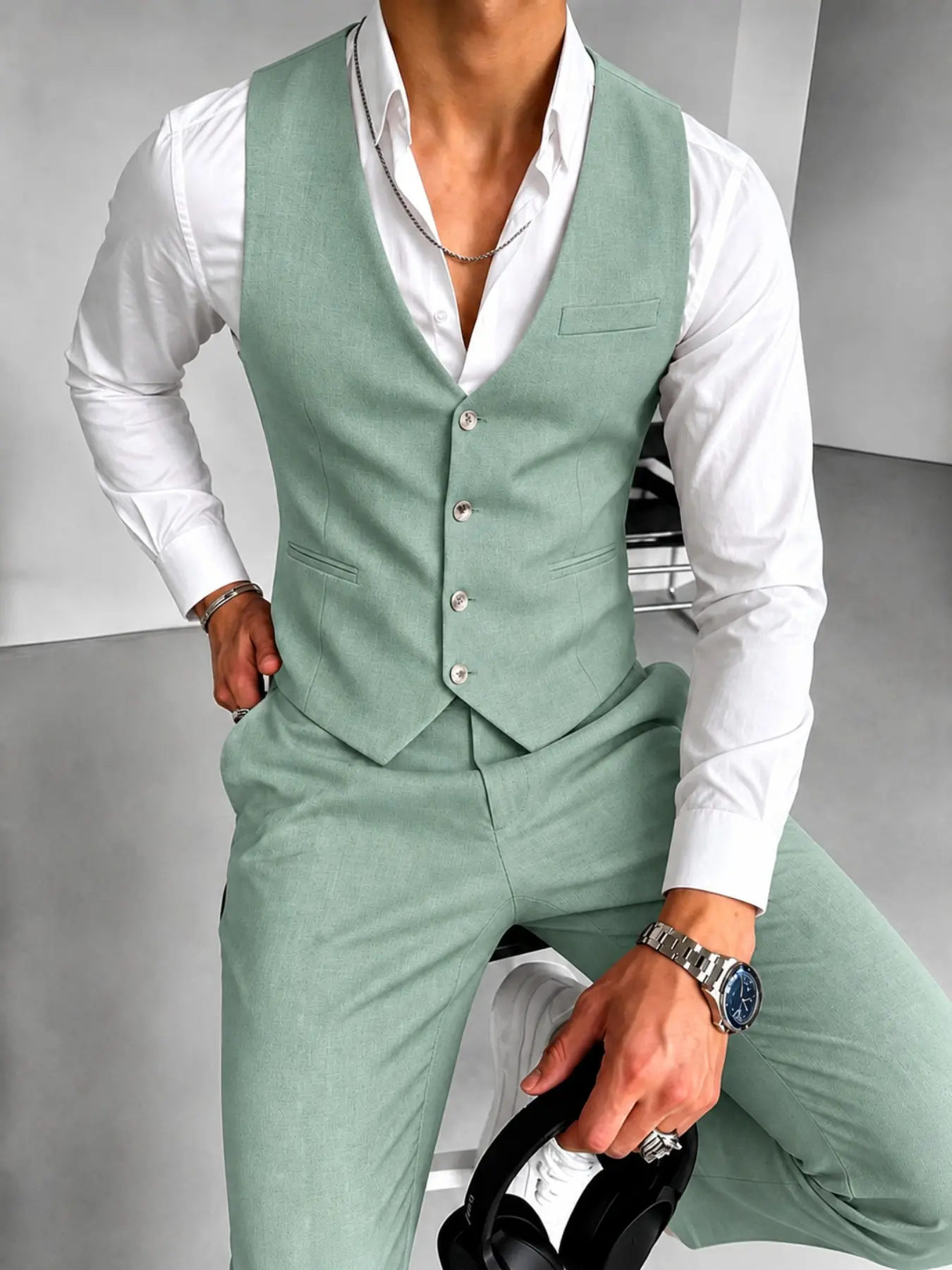 Men's Slim‑Fit Waistcoat & Pants 2‑Piece Set, Fashion Casual Menswear, Multiple Colors & Sizes Available