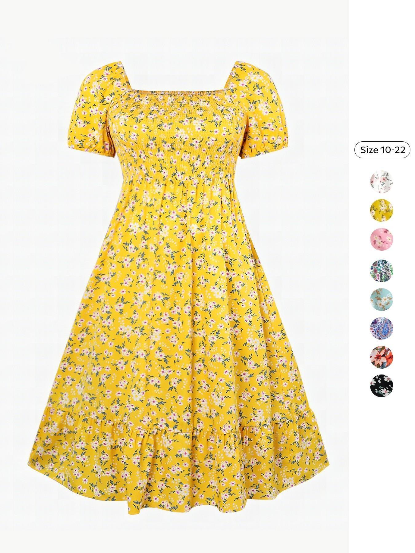 Women's Airy Elegant Chic Aesthetic Boho Style Allover Floral Print Scoop Neck Short Sleeve Pleated Maxi Dress for Summer