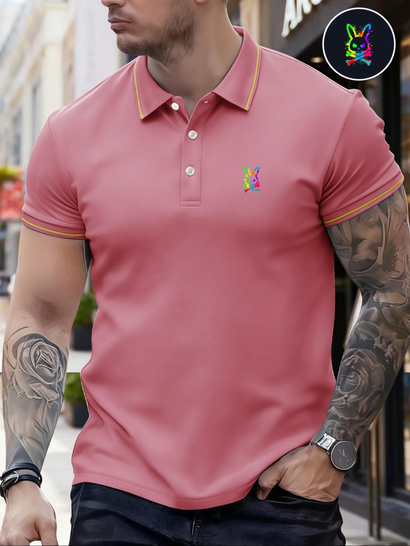 Men's Classic Fashion Stylish Casual Comfortable Micro-Elastic Straight Tube Polo Shirt, Trim Design, Rabbit Print, Outdoor Sports Polo
