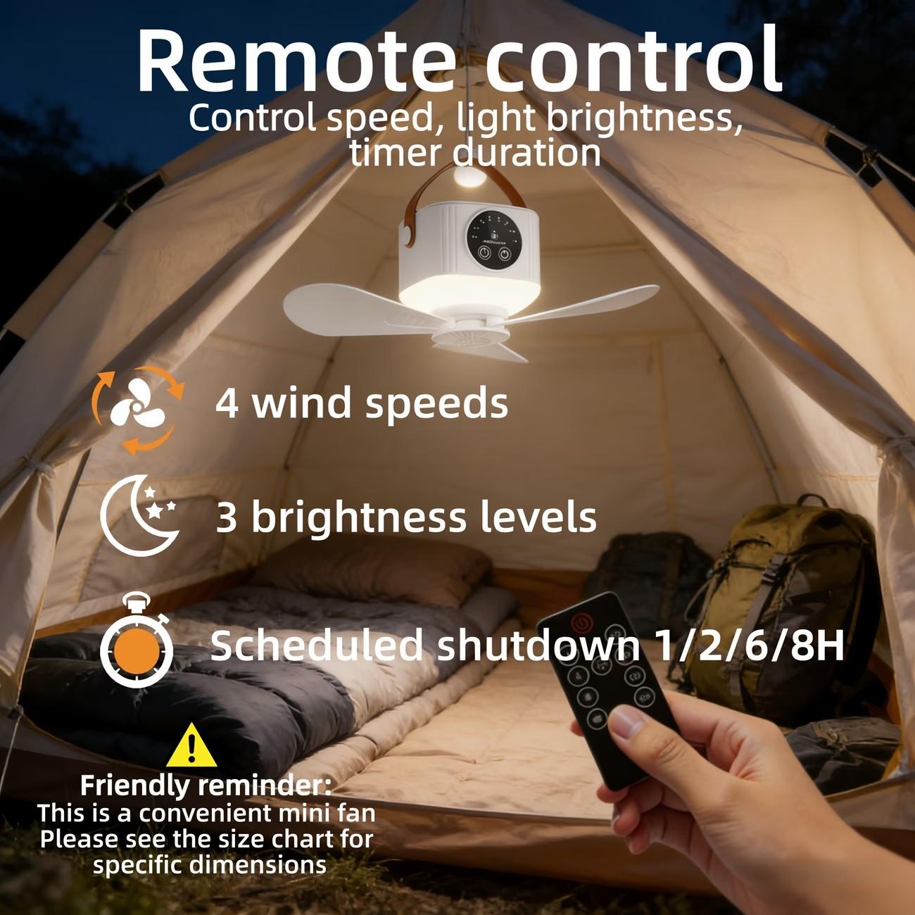Camping Ceiling Fan, Usb Portable Fan, 3-Speed Ambient Light, 4-Speed Timer, 4-Speed Wind Speed Adjustment, Remote Control, USB Charging, Long Battery Life, Suitable for Camping, Home, Bedroom And Other Places